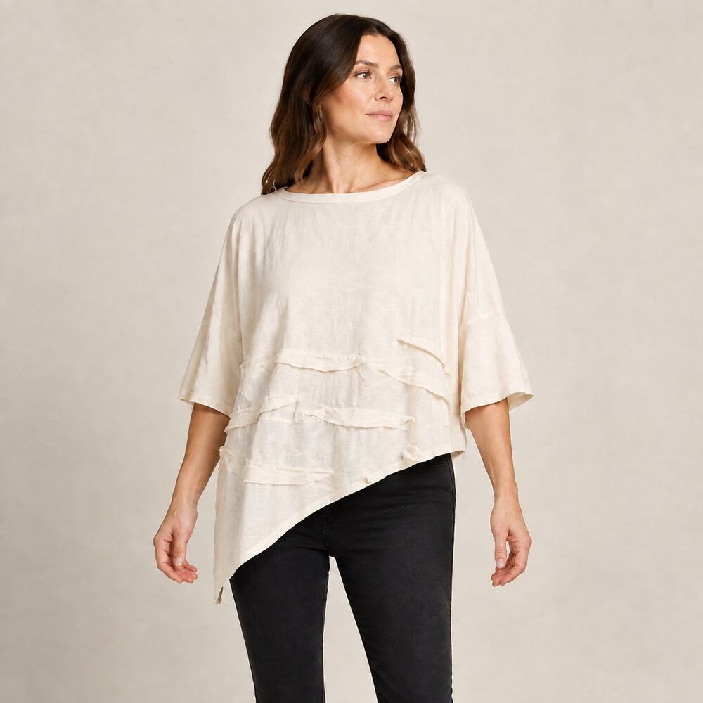 Krista Larson Ivory Cotton Asymmetric Ruffle Lagenlook Top One Size